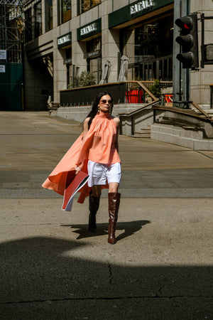 Peach Draped High-Low Cotton Top with White Shorts set