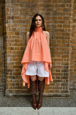 Peach Draped High-Low Cotton Top with White Shorts set