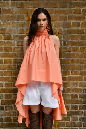 Peach Draped High-Low Cotton Top with White Shorts set