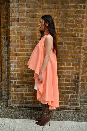 Peach Draped High-Low Cotton Top with White Shorts set