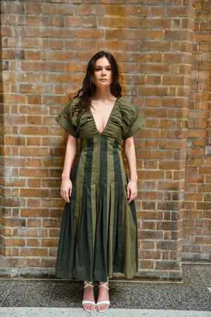Olive & Moss Green Cotton Panel Midi Dress With Pleated Details