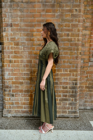 Olive & Moss Green Cotton Panel Midi Dress With Pleated Details
