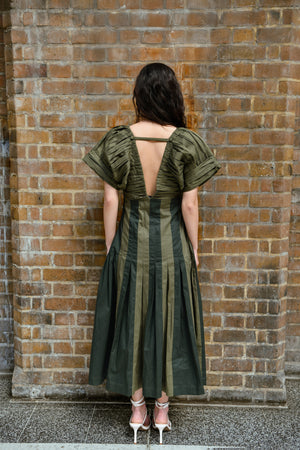 Olive & Moss Green Cotton Panel Midi Dress With Pleated Details