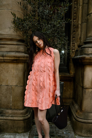 Peach 3D Appliqué A-line Cotton Mini Dress
