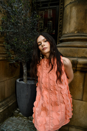 Peach 3D Appliqué A-line Cotton Mini Dress