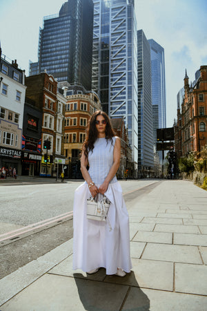 Blue Pinstripe Sleeveless Gathered Cotton Dress
