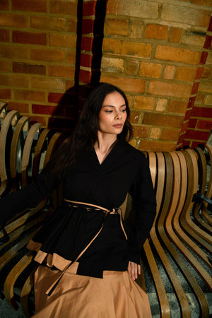 Black Belted Wrap Cotton Top with Beige Balloon Skirt