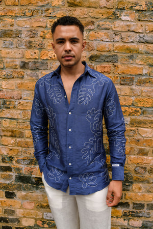 Men’s Navy Blue Embroidered Linen Shirt – Abstract Leaf Motif