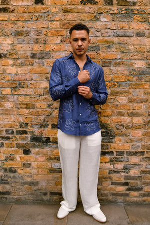 Men's White Cotton-Linen Relaxed Trousers