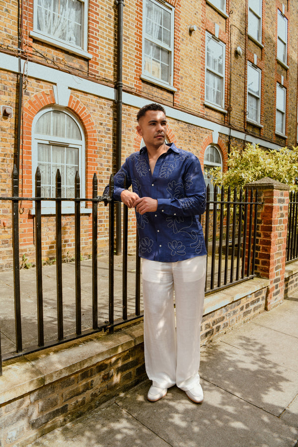 Men’s Navy Blue Embroidered Linen Shirt – Abstract Leaf Motif