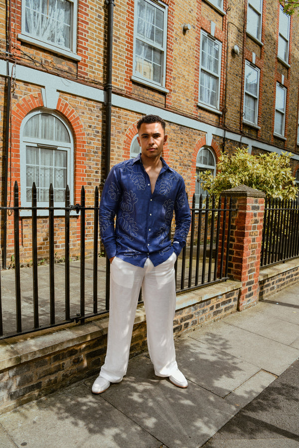 Men's White Cotton-Linen Relaxed Trousers