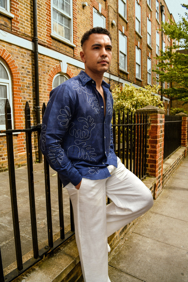 Men's White Cotton-Linen Relaxed Trousers