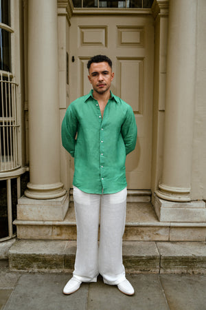 Men’s Solid Green Linen Shirt – Classic Long Sleeve