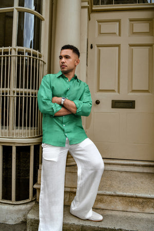 Men’s Solid Green Linen Shirt – Classic Long Sleeve