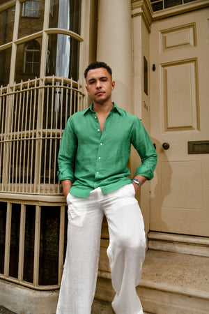 Men’s Solid Green Linen Shirt – Classic Long Sleeve