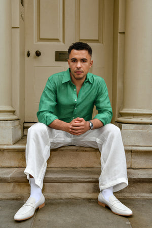 Men’s Solid Green Linen Shirt – Classic Long Sleeve