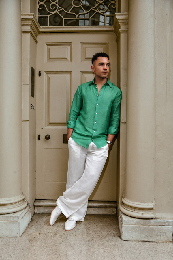 Men’s Solid Green Linen Shirt – Classic Long Sleeve