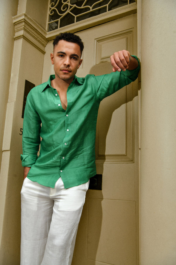 Men’s Solid Green Linen Shirt – Classic Long Sleeve