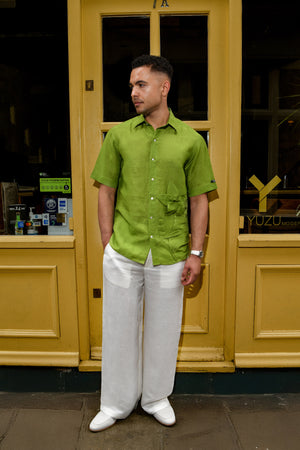 Men’s Lime Green linen Shirt with Origami Detail – Short Sleeve