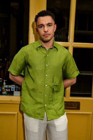 Men’s Lime Green linen Shirt with Origami Detail – Short Sleeve