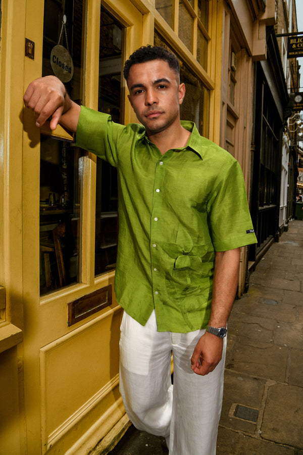 Men’s Lime Green linen Shirt with Origami Detail – Short Sleeve