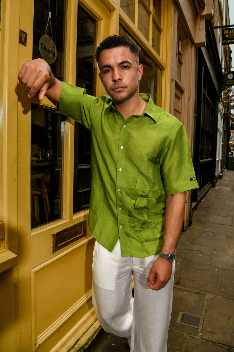 lime green short sleeve dress shirt Men's Green Short Sleeve Linen and Cotton Shirt - Size M