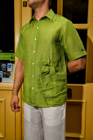 Men’s Lime Green linen Shirt with Origami Detail – Short Sleeve