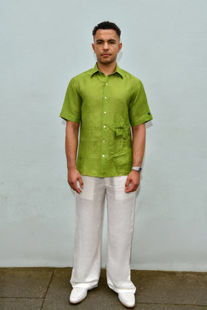 Men’s Lime Green linen Shirt with Origami Detail – Short Sleeve
