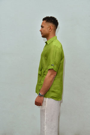 Men’s Lime Green linen Shirt with Origami Detail – Short Sleeve