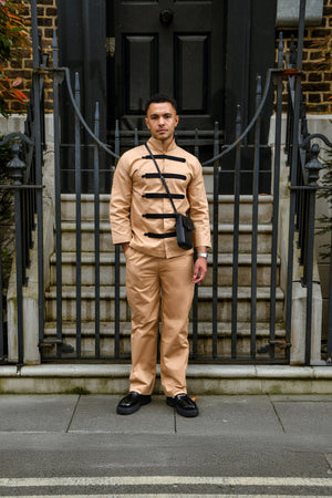 Men's Beige Co-ord Set with Contrast Black Strap Detailing