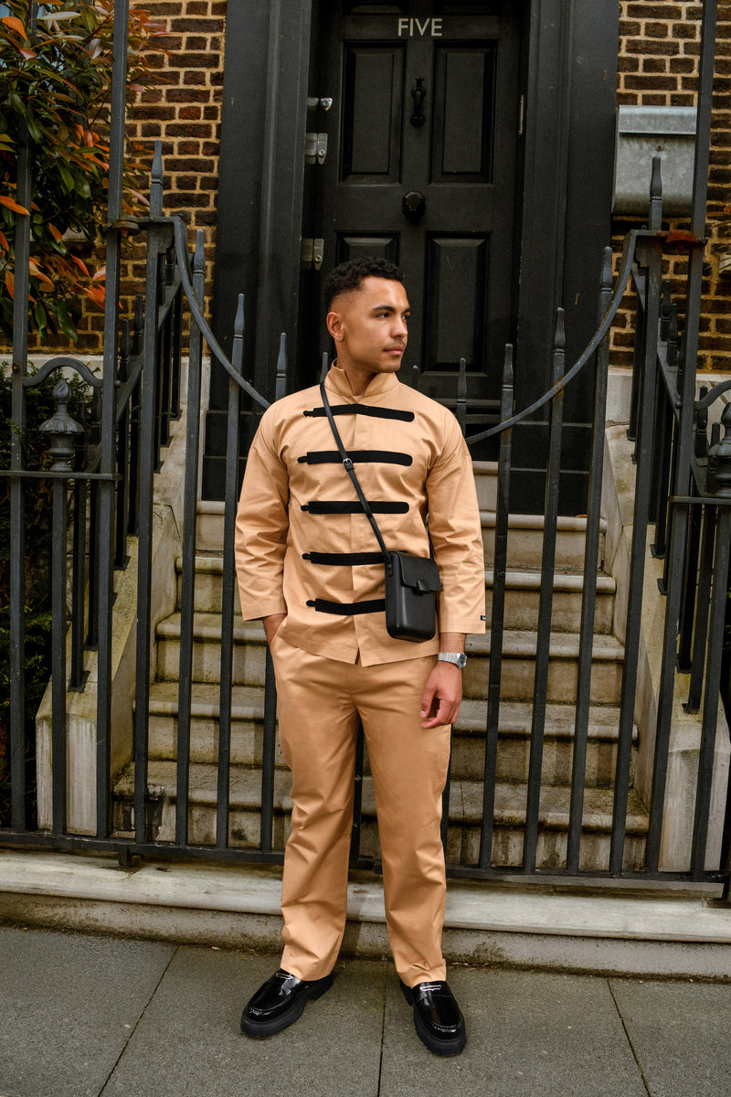 Men's Beige Co-ord Set with Contrast Black Strap Detailing