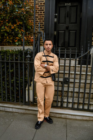 Men's Beige Co-ord Set with Contrast Black Strap Detailing