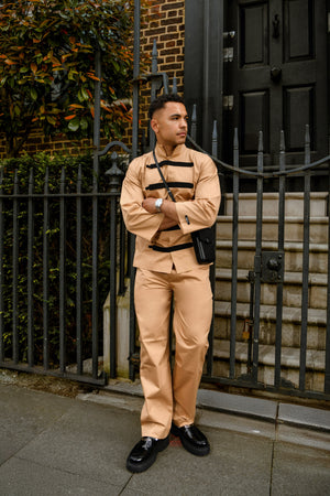Men's Beige Co-ord Set with Contrast Black Strap Detailing