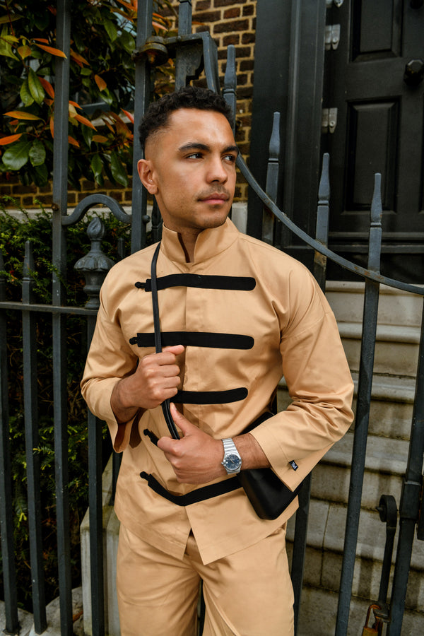 Men's Beige Co-ord Set with Contrast Black Strap Detailing