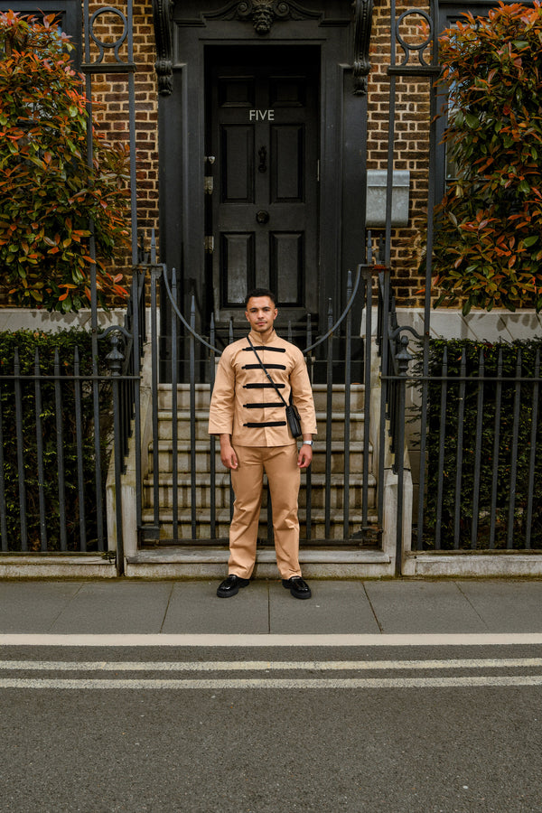 Men's Beige Co-ord Set with Contrast Black Strap Detailing