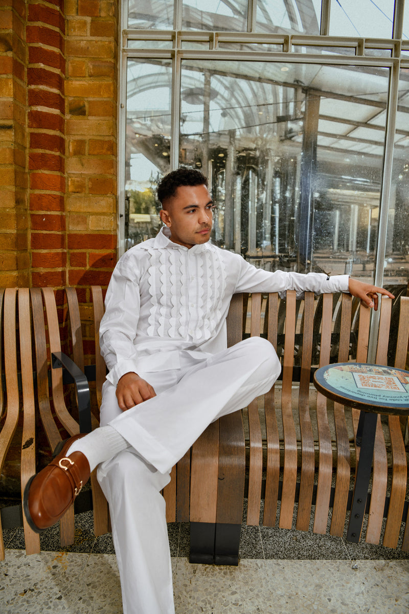 Men’s White Origami Pleated Co-ord Set – Textured Shirt and Pants