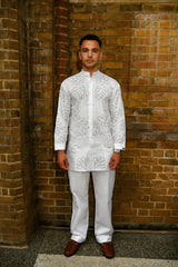 Men’s White Embroidered Co-ord Set – Shirt and Pants with Abstract Stitching
