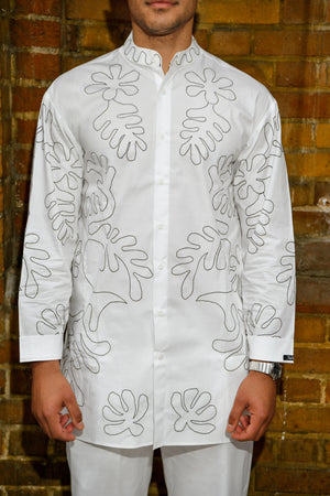 Men’s White Embroidered Co-ord Set – Shirt and Pants with Abstract Stitching