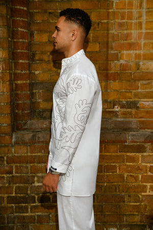 Men’s White Embroidered Co-ord Set – Shirt and Pants with Abstract Stitching