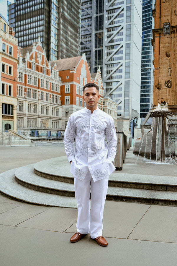 Men’s White Embroidered Co-ord Set – Shirt and Pants with Abstract Stitching
