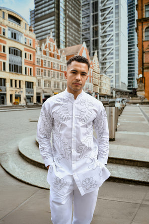 Men’s White Embroidered Co-ord Set – Shirt and Pants with Abstract Stitching