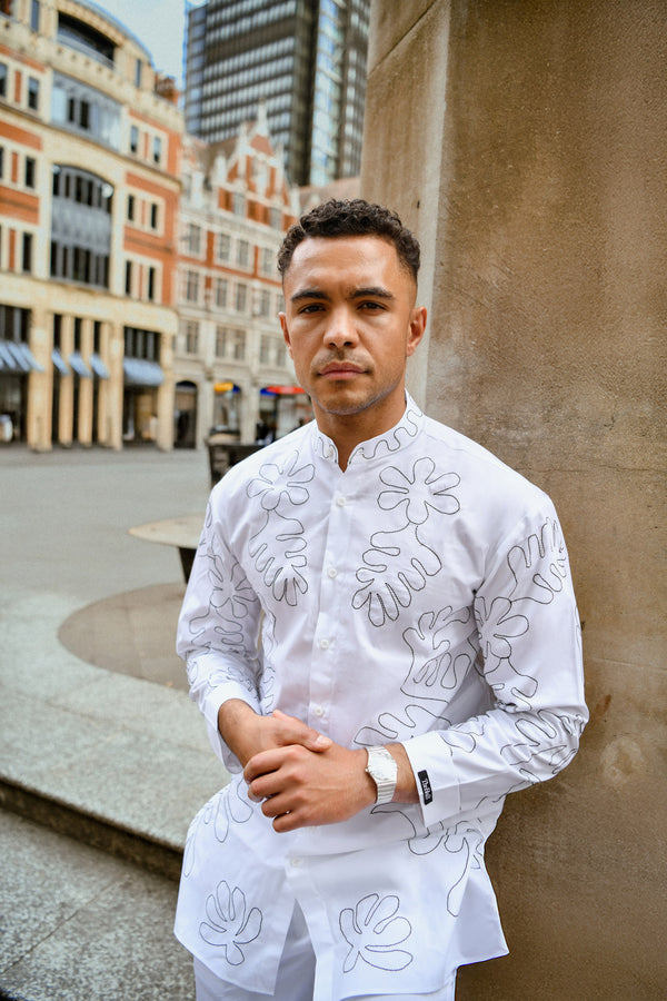Men’s White Embroidered Co-ord Set – Shirt and Pants with Abstract Stitching