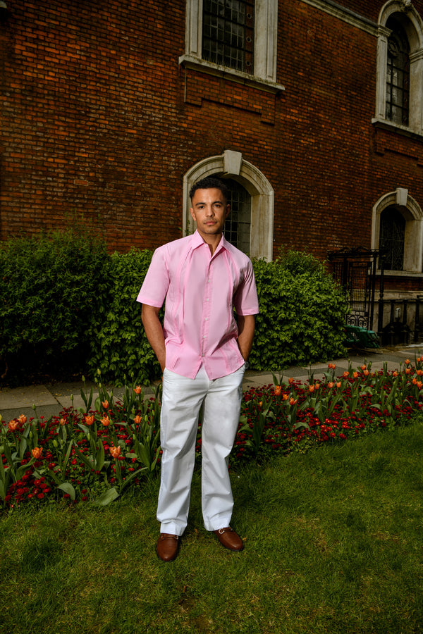 Men's Pink Pintuck Detail Cotton Shirt – Short Sleeve