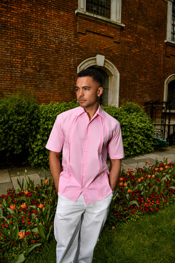 Men's Pink Pintuck Detail Cotton Shirt – Short Sleeve