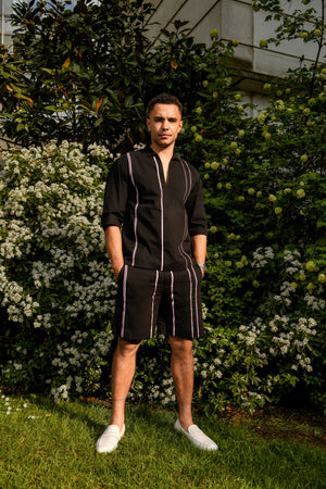 Men’s Black Cotton Coord Set with Contrast Strap Design – Shirt & Shorts