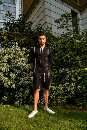 Men’s Black Cotton Coord Set with Contrast Strap Design – Shirt & Shorts