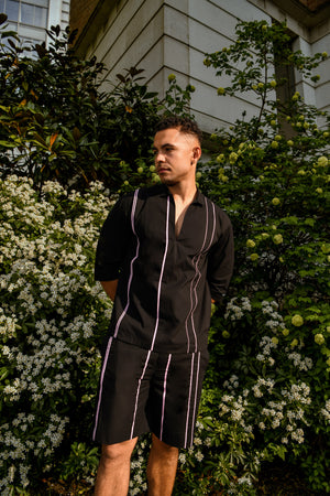 Men’s Black Cotton Coord Set with Contrast Strap Design – Shirt & Shorts