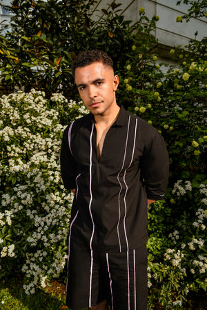 Men’s Black Cotton Coord Set with Contrast Strap Design – Shirt & Shorts