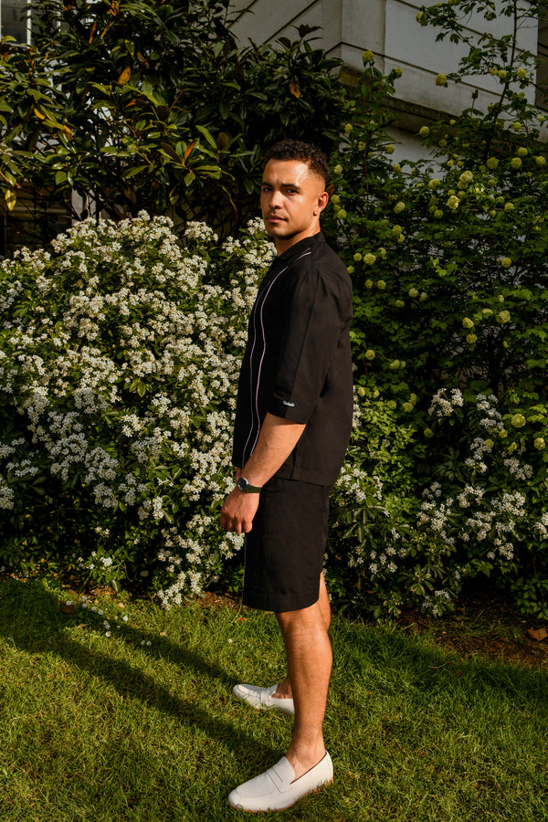 Men’s Black Cotton Coord Set with Contrast Strap Design – Shirt & Shorts