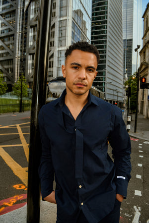 Men's Navy Shirt & Trouser Co-ord with Attached Neck Tie Detail